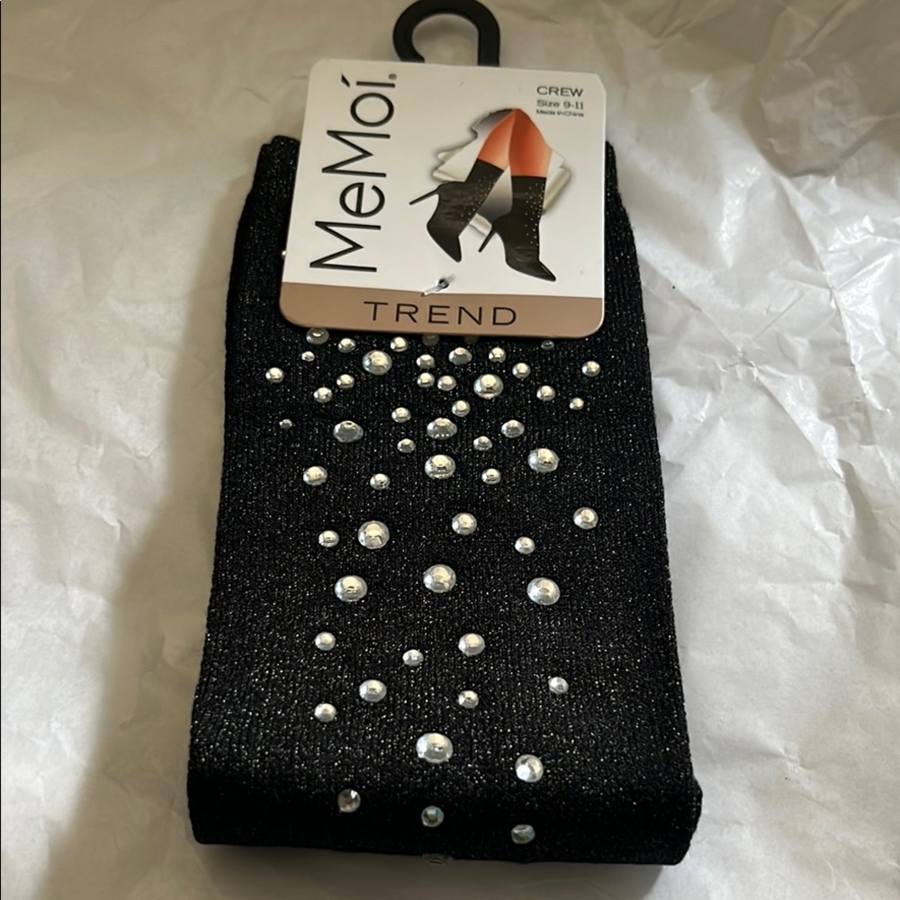 MeMoi Black Rhinestone Crew Socks